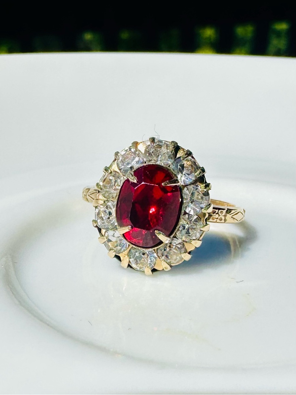 Vintage Victorian Revival 14K Garnet & Crystal Halo Cluster Ring—14K RGF—Sz 5.75